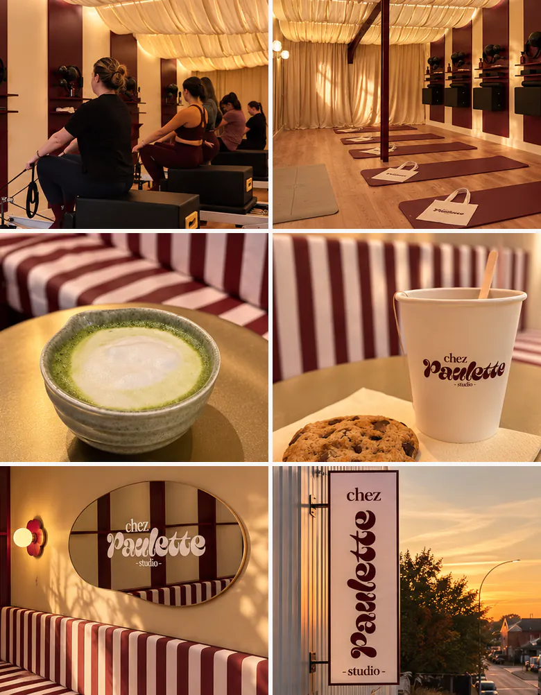 Chez Paulette, à Sartrouville, près de Houilles : la salle de Pilates, la banquette rayée et un matcha après le cours